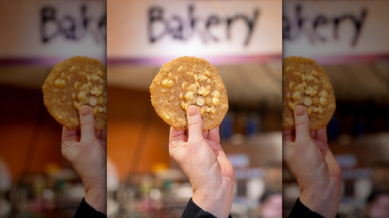 hand holding a white chocolate chip cookie from Wegman's bakery