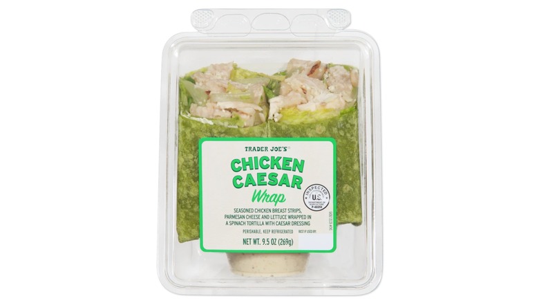 Trader Joe's Chicken Caesar Wrap in clear plastic container on white background