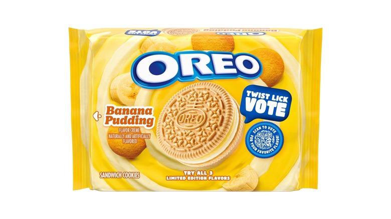 A bright yellow package of Banana Pudding Oreos on a white background