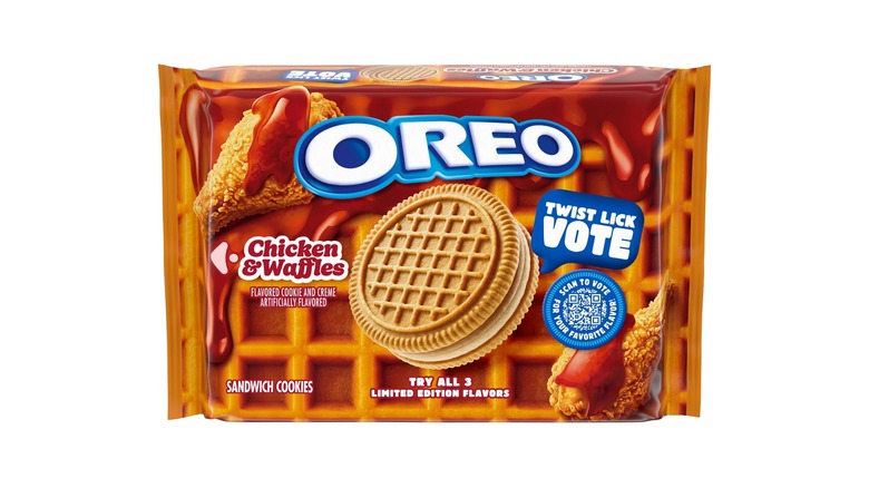 A package of Chicken and Waffles Oreos on a white background