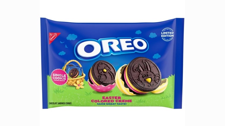 A package of Easter Colored Creme Oreos on a white background