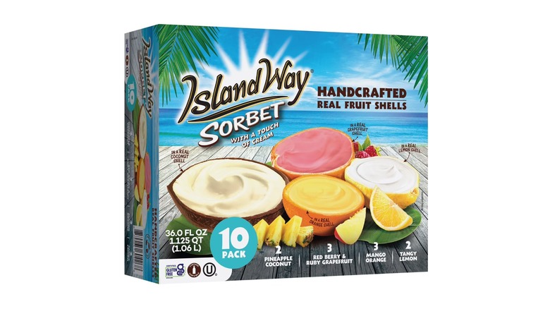 A box of Island Way fruit sorbets with an image of frozen fruit treats in fruit skins and shells on the front on a white background.