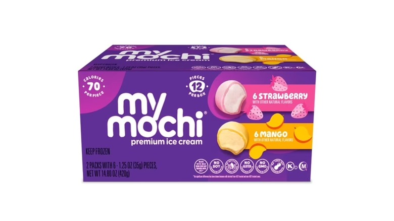 A box of assorted strawberry and mango mochi balls from My Mochi on a white background