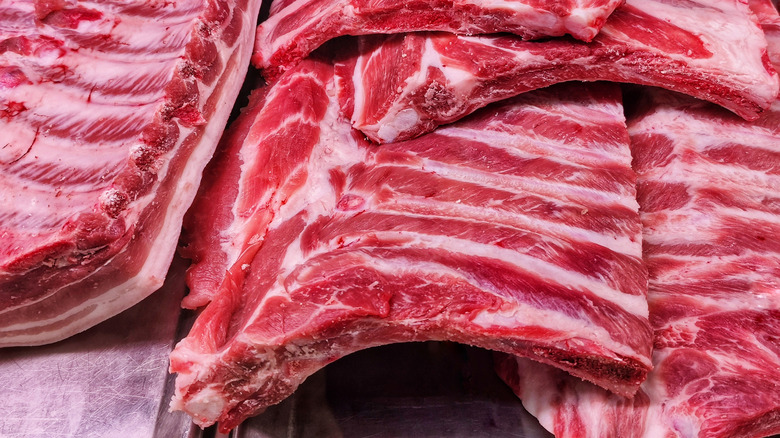 Close up of fresh raw pork ribs