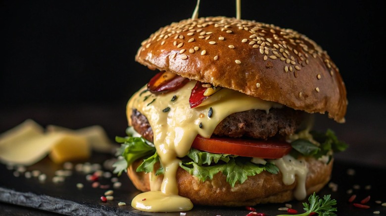 A big burger with cheese dripping off and tomato and lettuce inside.