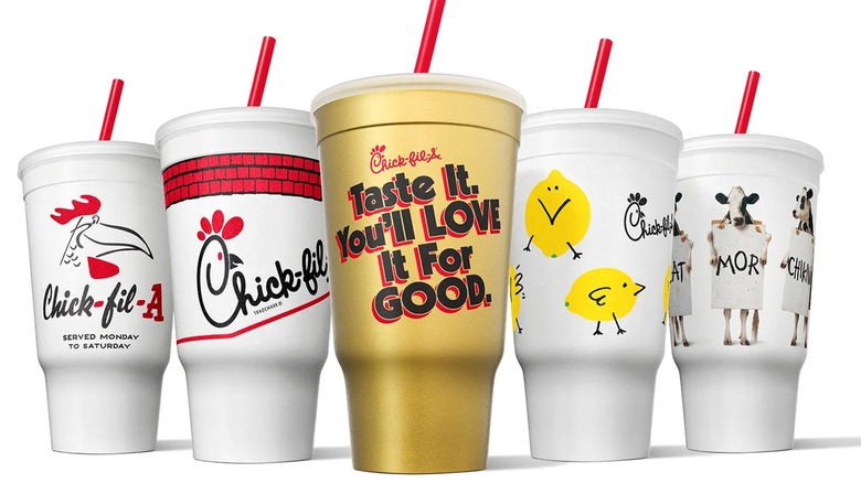 Chick-fil-A retro cups and gold cup in a row on a white background.