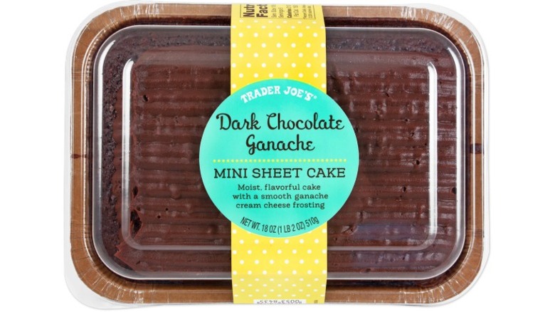 Tray of Dark Chocolate Ganache Mini Sheet Cake from Trader Joe's on white background