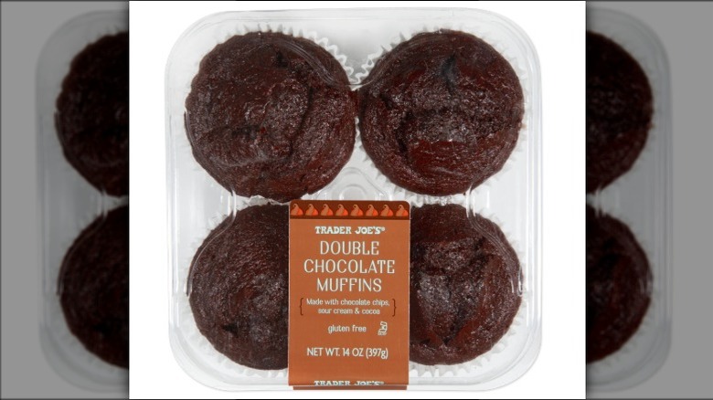 Plastic package of Double Chocolate Muffins from Trader Joe's on white background