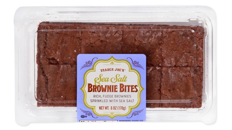 Plastic package of Sea Salt Brownie Bites from Trader Joe's on white background