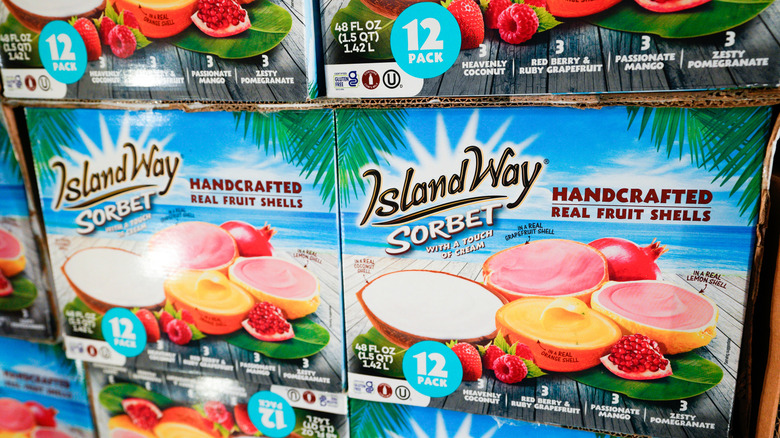 Several boxes of Island Way Sorbet on a freezer shelf