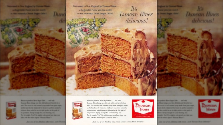 A vintage ad advertising Duncan Hines Burnt Sugar Cake Mix.