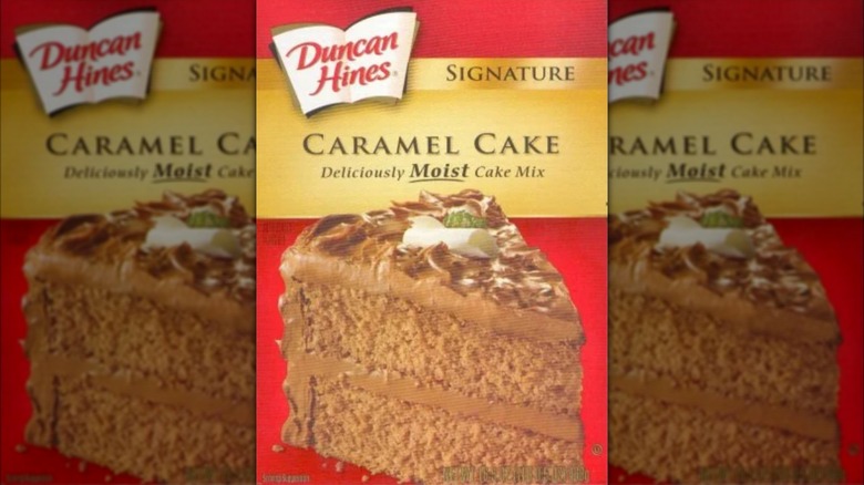 A close-up of a box of discontinued Duncan Hines Caramel Cake Mix