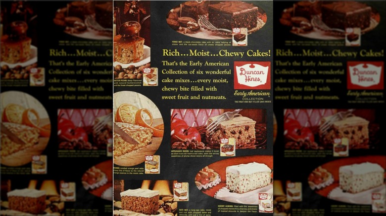 An old ad for Duncan Hines' Early American series of cake mixes.