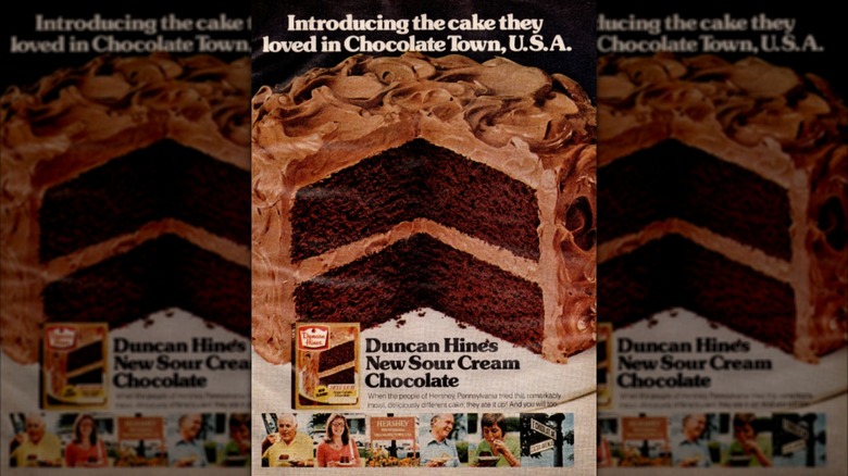 A vintage ad for a Sour Cream Chocolate Cake Mix from Duncan Hines