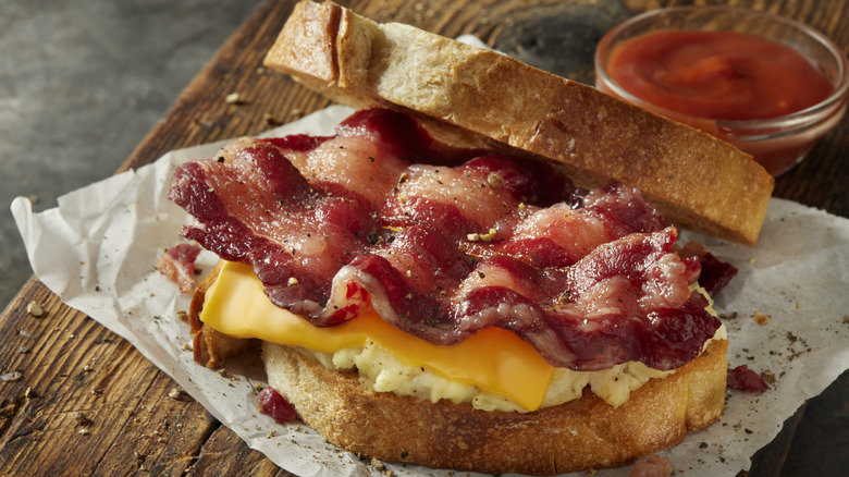 A sourdough sandwich with bacon, cheese, and filling with sauce in the background.