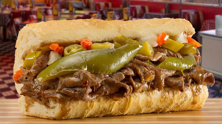 An Italian Beef sandwich from Portillo's with giardiniera and sweet peppers on it