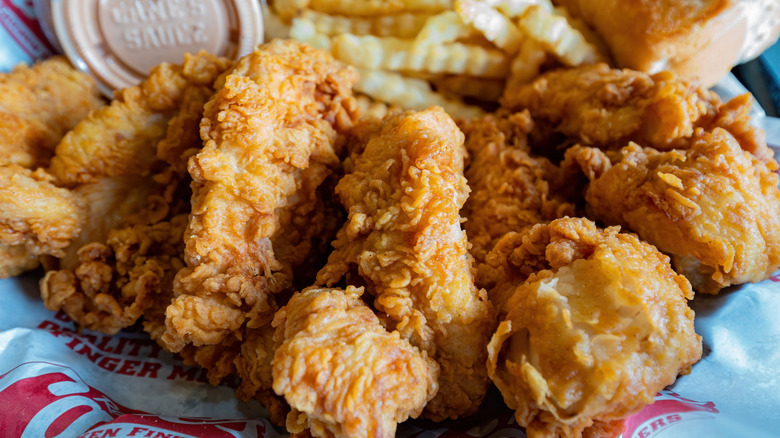 A close-up of the crispy chicken fingers from Raising Cane's
