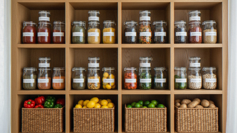A well organised pantry with dried goods in jars and vegetables in baskets