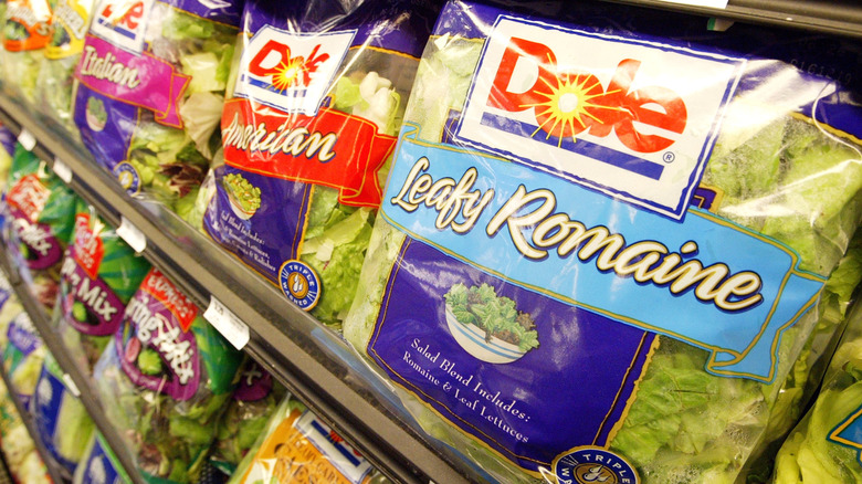 Bags of lettuce in the supermarket
