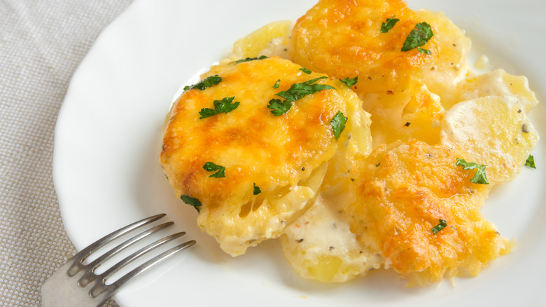 Au gratin potatoes on white plate with fork