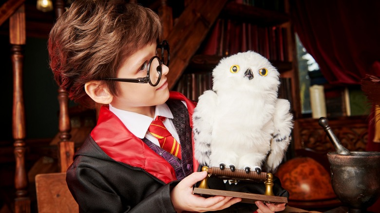 Child dressed as wizard from the Harry Potter Universe holding white toy owl on a perch.