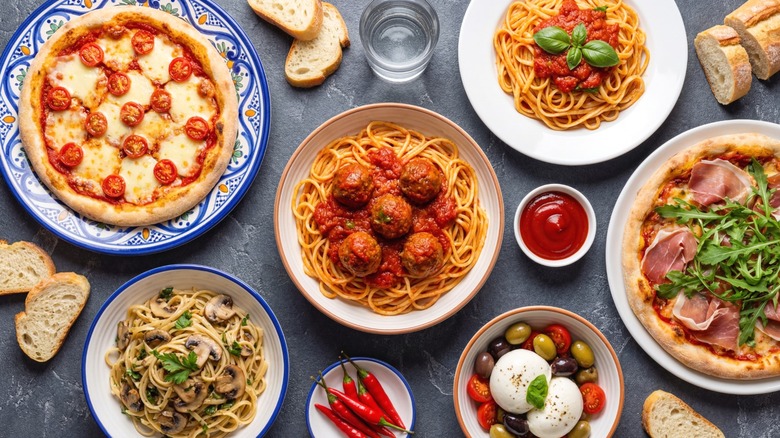 A top-down view of an Italian food spread.