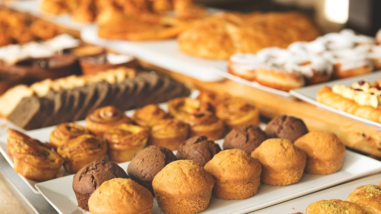 An array of bakery goods displayed on trays