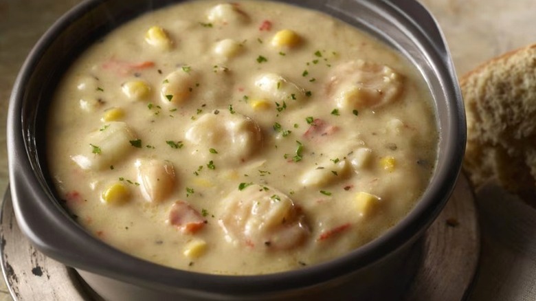 A bowl of LongHorn Steakhouse Shrimp & Lobster Chowder.