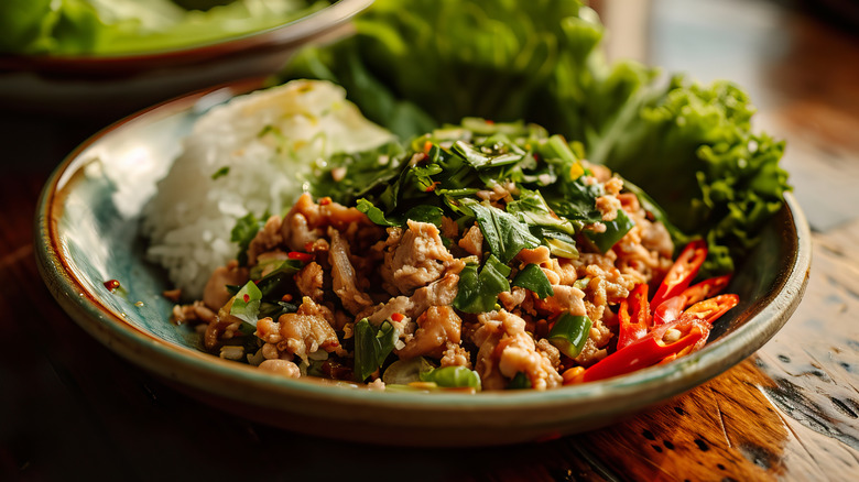 Minced chicken salad (larb gai) in a bowl