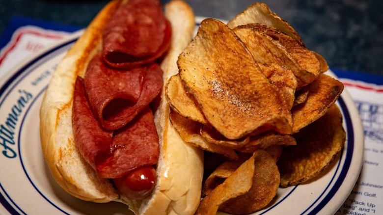 Baltimore bologna dog served at Attman's Delicatessen in Baltimore.