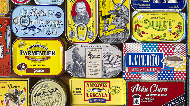 A European selection of canned fish with a classic and retro packaging design.