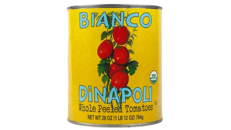 Yellow can of bianco dinapoli whole peeled tomatoes