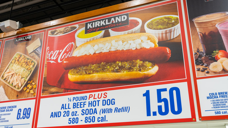 A sign in a Costco food court for the hotdog deal