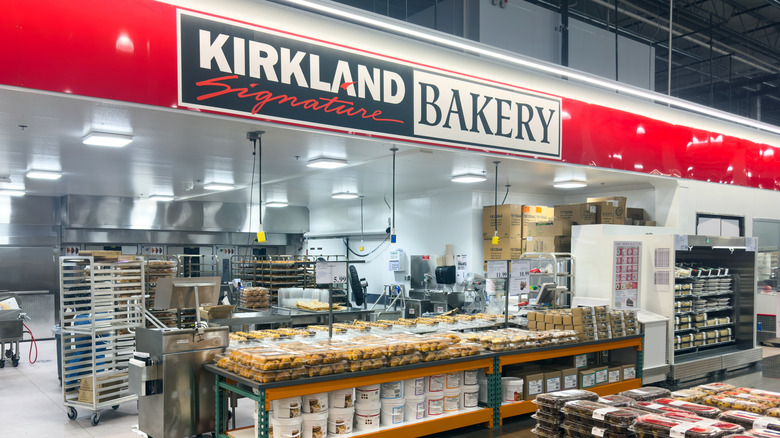 Kirkland Signature Bakery signage inside Costco store with bakery items displayed