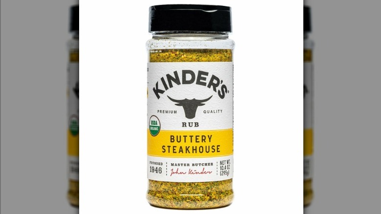 A 10.4 ounce container of Kinder's Buttery Steakhouse Seasoning from Costco.
