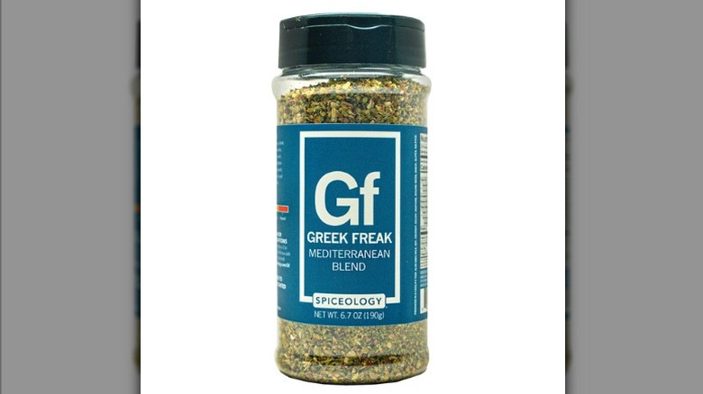 The Costco container of Spiceology's Mediterranean blend, Greek Freak.