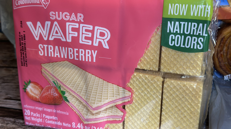 A package of Colombina Strawberry Sugar Wafers standing from Dollar Tree