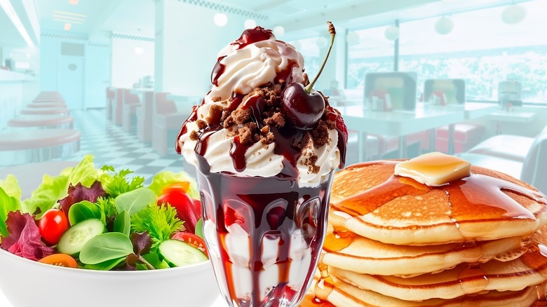 A collage of diner foods including salad, ice cream sundae and pancakes against a blurred backdrop of a diner