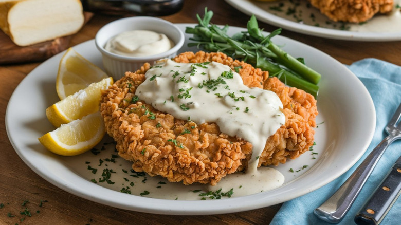 Breaded and fried steak served with creamy gravy on a white plate with lemon wedges and ramekin of white sauce