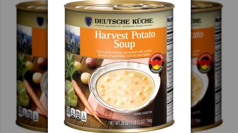 A can of Aldi Harvest Potato Soup.