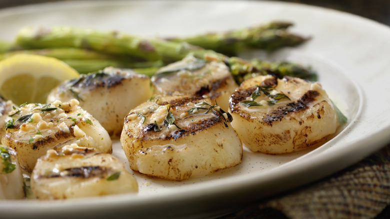 Grilled scallops on white plate with lemon and asparagus