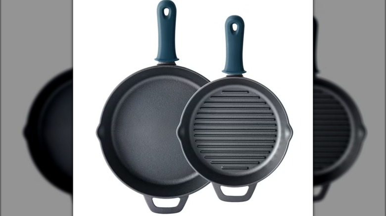 The two cast iron skillets in the Tramontina 2-piece set sold at Costco on a white background.