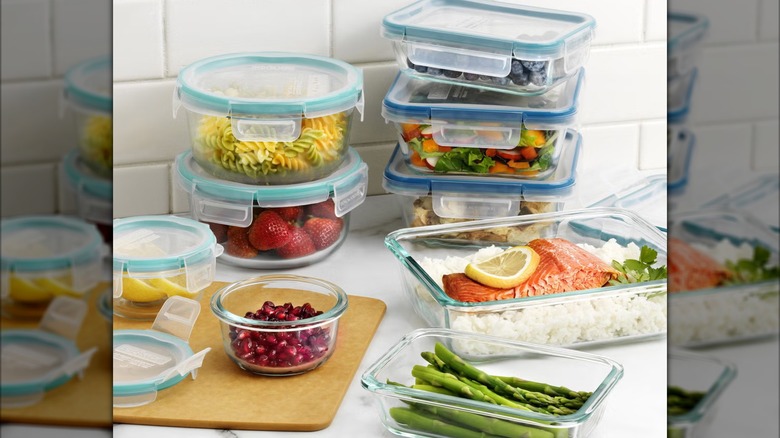 The Snapware Pyrex 18-piece Glass Food Storage Set sold at Costco with food in each container