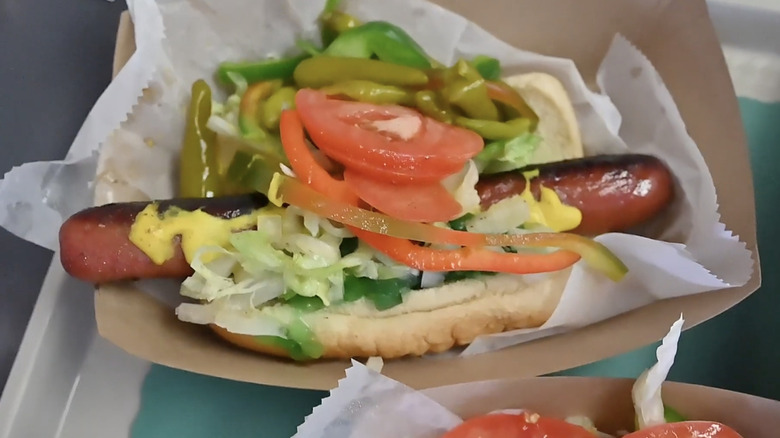 byron's hot dog in paper boat