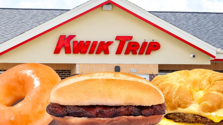 Kwik Trip storefront with rib sandwich, glazed donut, and croissant breakfast sandwich