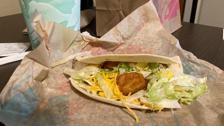 Spicy Potato Soft Taco from Taco Bell in open wrapper