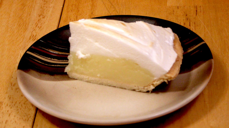 A slice of BJ's Wholesale Club Lemon Meringue Pie on plate