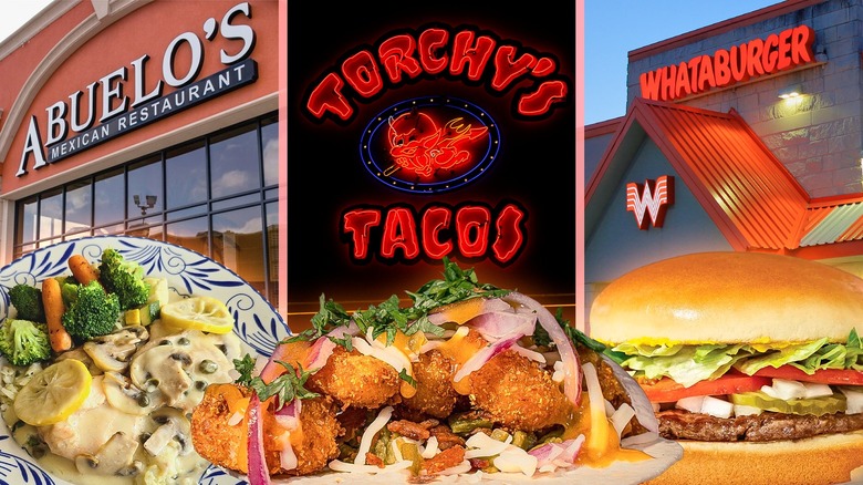 Texas restaurant exteriors with representative foods