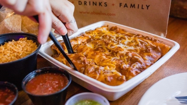 enchiladas, rice, chips, salsa from Abuelo's Mexican Restaurant