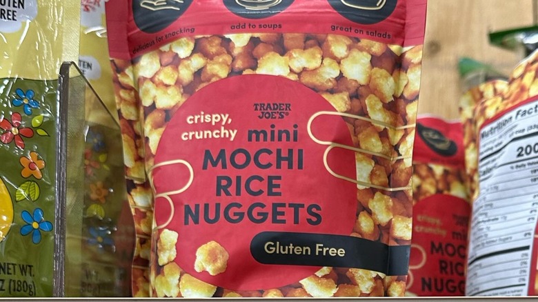 Trader Joe's Mini Mochi Rice nuggets on a shelf.